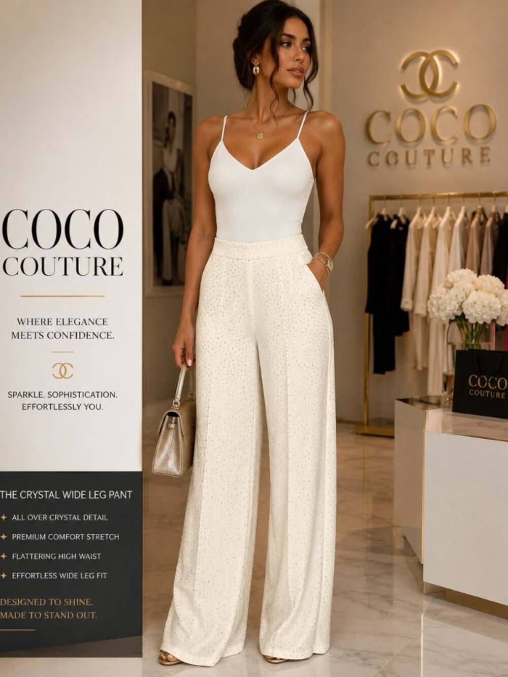 261348 Cream Pull On Comfy Pant with Silver sparkle by FRANK LYMAN